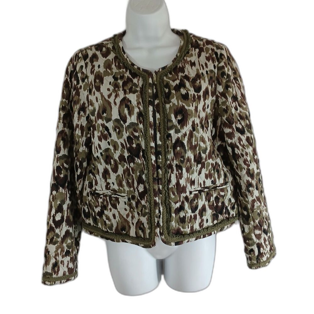 J Crew Cropped Blazer Green Animal Print Button Up Sz M Business Office Wear